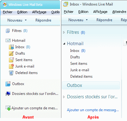 WIndows Live Mail - Interface - avant - après