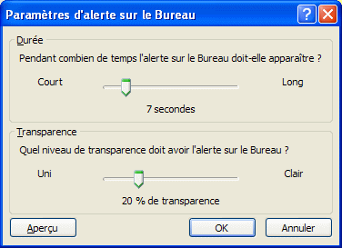 Paramètres d'alerte sur le Bureau