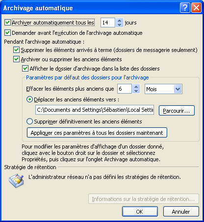 Paramètres de l'archivage automatique