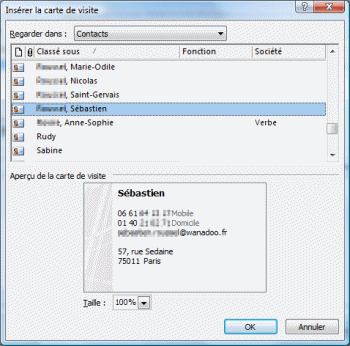 Insérer la carte de visite