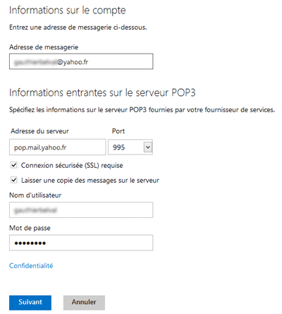 Préciser les paramètres du compte