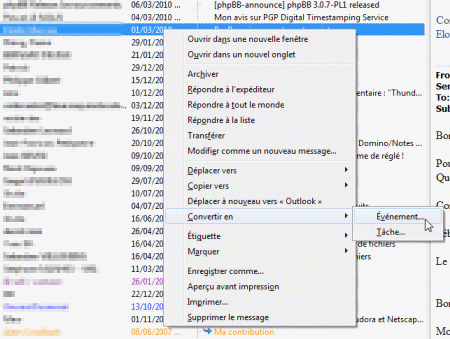 Convertir e-mail en événement