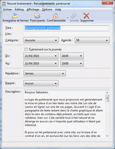 Création d'un événment