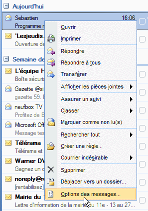 Menu contextuel message
