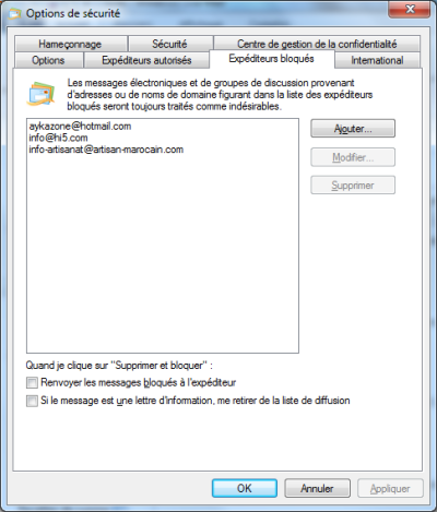 Modifier la liste des expéditeurs bloqués