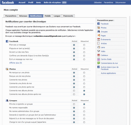 Paramètres du compte Facebook