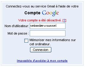 Compte Gmail désactivé