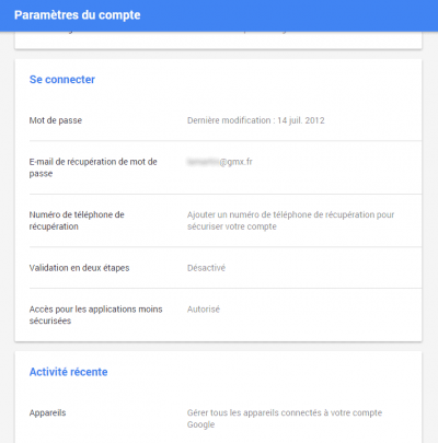 Gmail - options de récupération du mot de passe