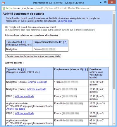 Gmail - Informations sur l'activité