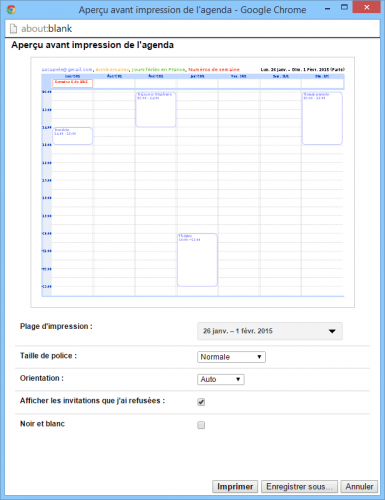 Aperçu avant impression de l'agenda Google