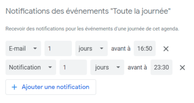 Notifications des événements Toute la journée