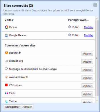 Google Buzz - sites connectés