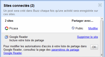 Google Buzz - sites connectés - modifier