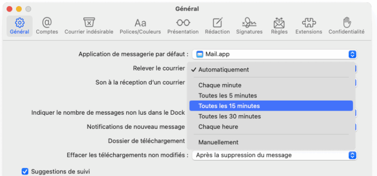 Fréquence de relève du courrier - Mail Mac