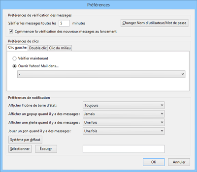 réglages de Yahoo Mail Notifier