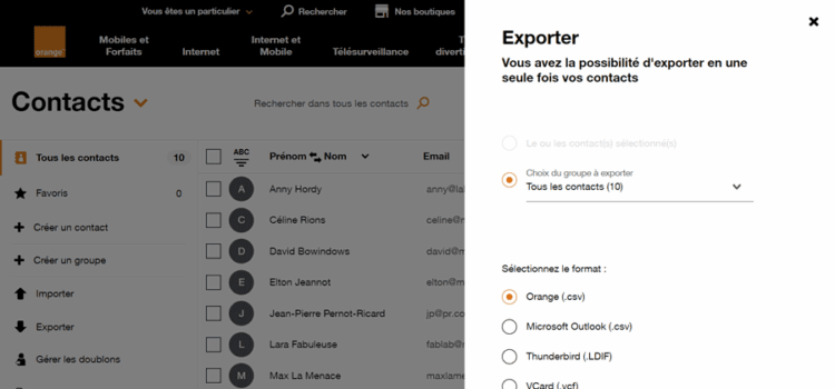Exporter les contacts Orange