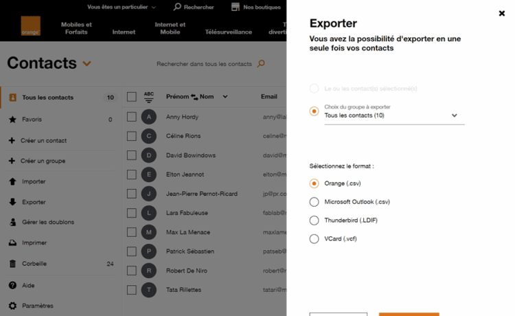 Exporter les contacts Orange