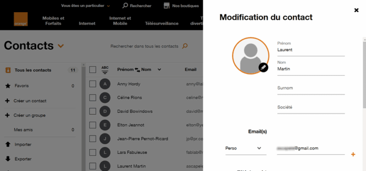 Modifier un contact Orange