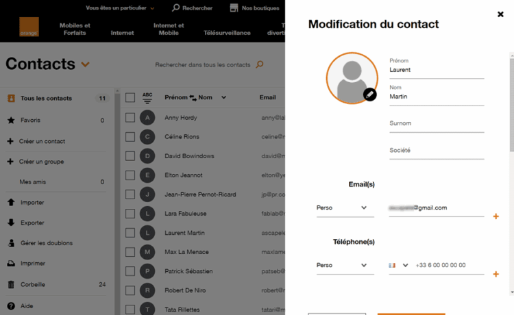 Modifier un contact Orange