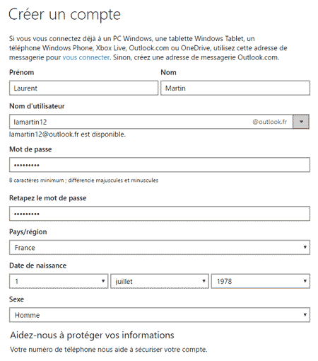 Formulaire de création de compte Outlook.com