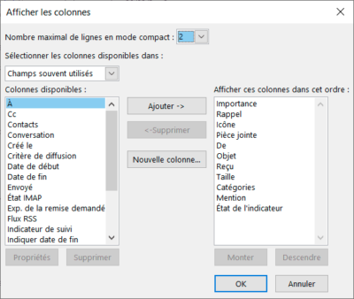 Afficher les colonnes Outlook