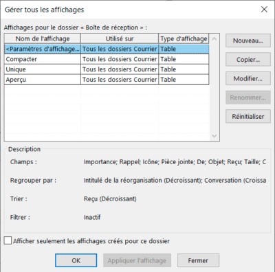 Gérer tous les affichages Outlook