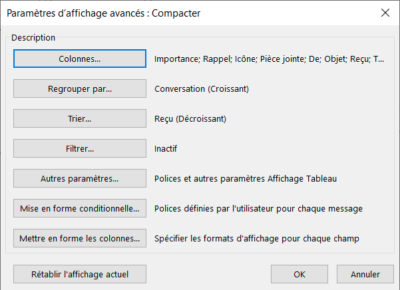 Paramètres d'affichage avancés Outlook