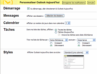 Paramètres Outlook Aujourd'hui