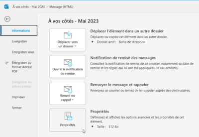 Outlook - Propriétés du message