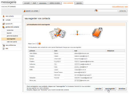 Sauvegarde des contacts