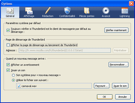 Vérifier que Thunderbird est le logiciel par défaut au démarrage