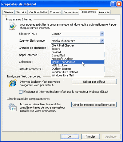 Logiciel de messagerie par défaut dans Windows