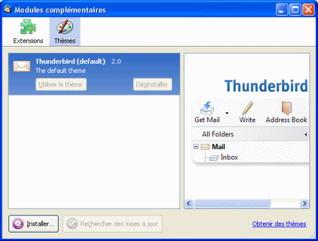 Fenêtre des thèmes Thuunderbird