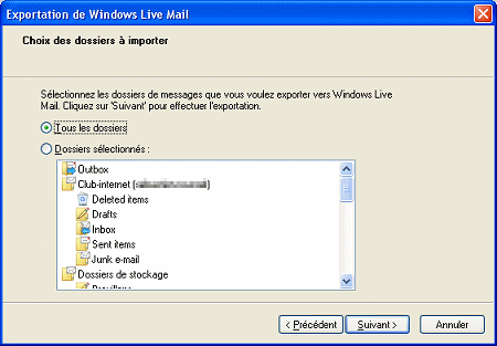 Sélection dossiers export Windows Live Mail