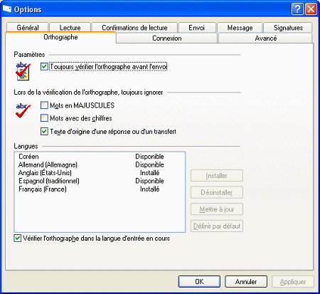 Options du correcteur orthographique