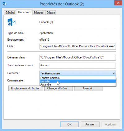 Peopriétés du raccourci Outlook