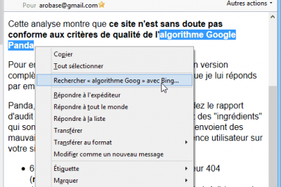 Recherche à partir du texte d'un message