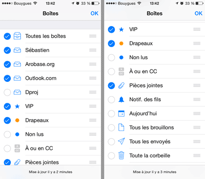 Choisir et ordonner les boîtes - Mail iOS