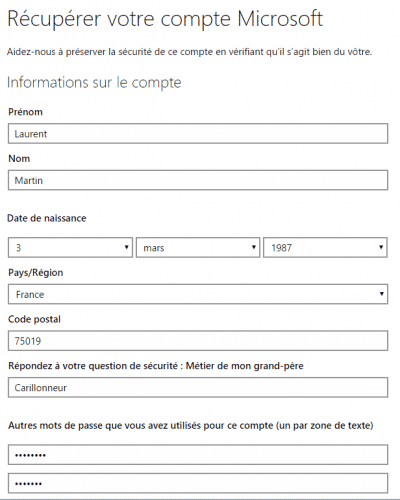 Informations sur le compte Outlook.com