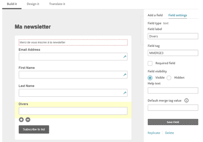 Propriétés d'un champ MailChimp