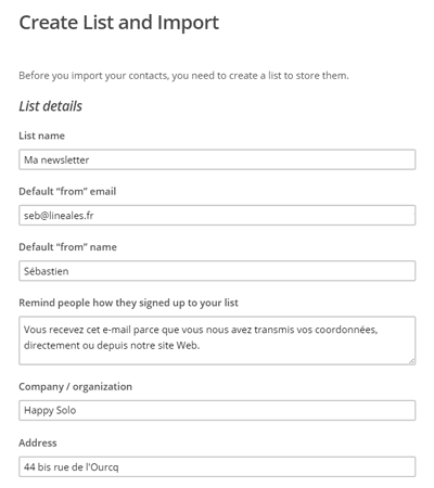 Création de liste Mailchimp