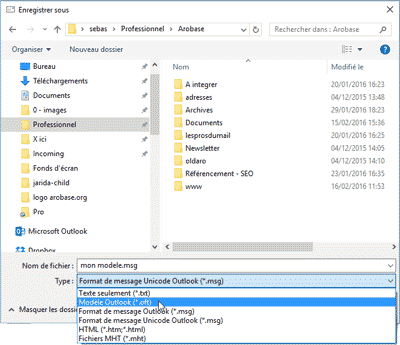 Enregistrer le modèle Outlook